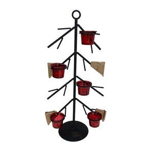 Black Metal Christmas Tree Candle Holder With Red Glass Votives